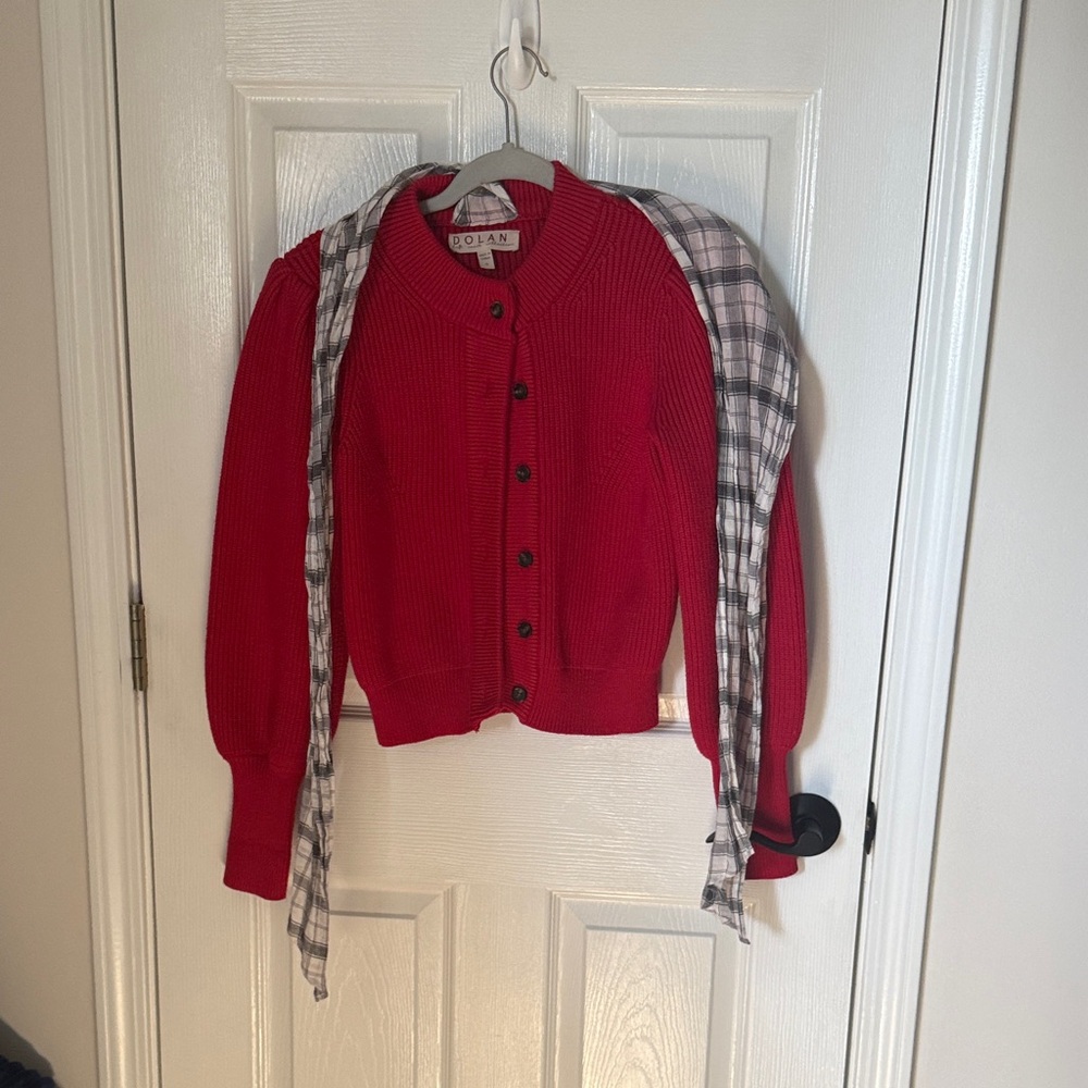 dolan Bright Red Ribbed Button Cardigan - Picture 3 of 4
